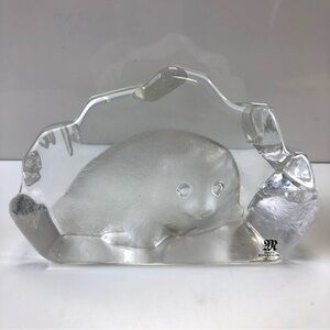 Mats Jonasson seal etched glass signed crystal paperweight Swedish clear frosted